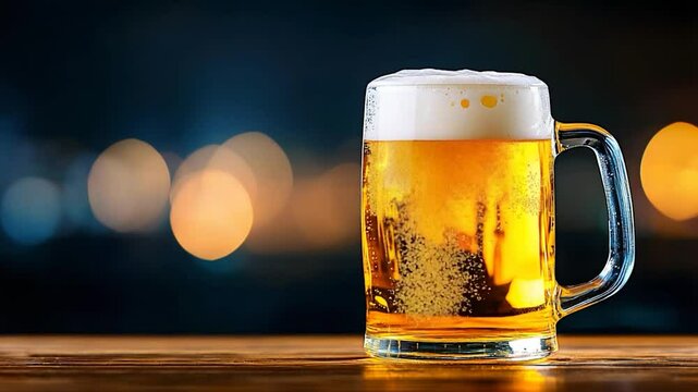 Refreshing Beer in a Glass Mug on Wooden Table