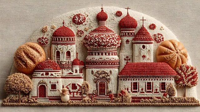 Handmade embroidery with image of church with red domes and white walls, detailed needlework