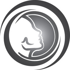 Stylized black and white design of a woman's face in profile, surrounded by a smooth spiral shape. The minimal and elegant look is enhanced by a soft gradient background for added depth.