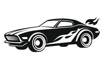 Fototapeta premium Black Muscle Car Vector with Flames and Racing Stripes Side View Silhouette