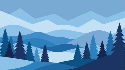 Fototapeta premium Abstract blue landscape with pine trees and mountains vector illustration
