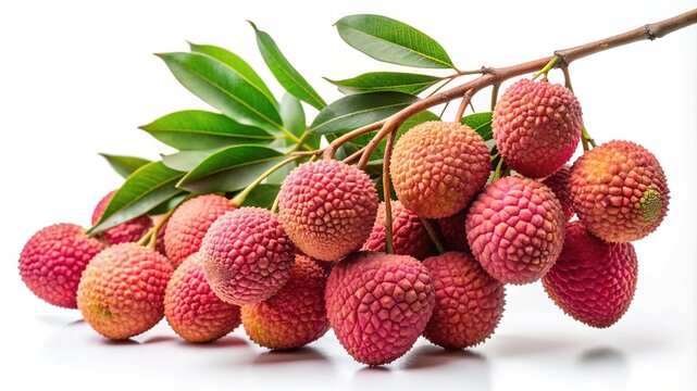 Close up of a bunch of lychees on a branch with leaves