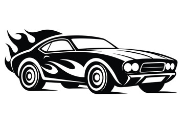 Classic Muscle Car Silhouette with Flames, Black and White Vector Illustration