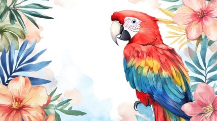 Fototapeta premium Exotic Parrot Watercolor Floral Background: Colorful Tropical Bird Illustration