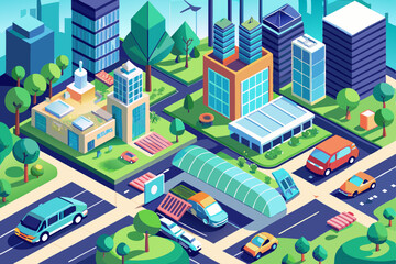 Vector isometric city illustration set with urban buildings, houses, and street architecture for business and real estate design