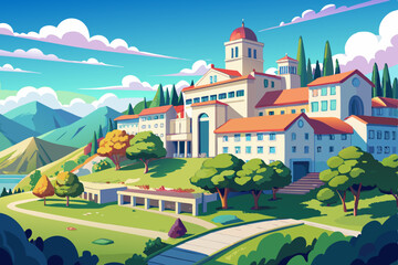 Naklejka premium Historic medieval European castle architecture on a picturesque mountain landscape with a summer sky view