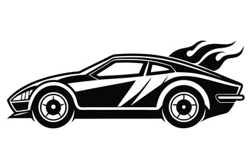 Black and White Vector Illustration Sleek Sports Car with Dynamic Flames Design Element