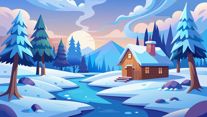 Winter wonderland cabin snowy river landscape