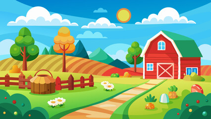 Fototapeta premium Idyllic farm scene with red barn, png cutout