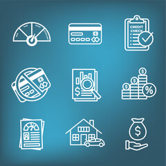Credit Score and Loans Icon Set with Approved Credit Underwriting Interest Rates Debt Mortgage Refinance