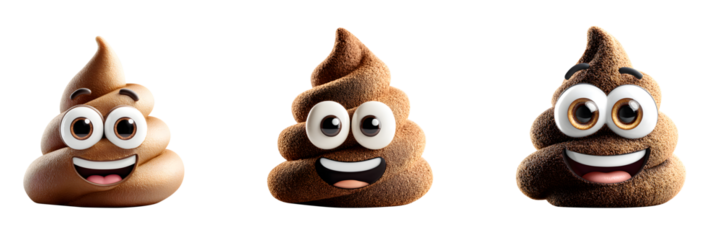 Three cheerful poop emojis, isolated on transparent background, showcase varying sizes and expressions