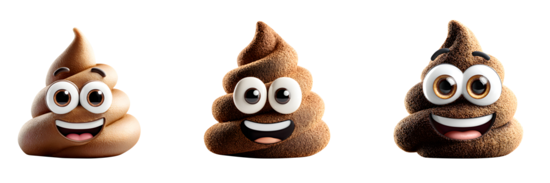 Three cheerful poop emojis, isolated on transparent background, showcase varying sizes and expressions