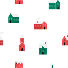 Seamless Winter Village Pattern. Cute Christmas Houses with Snow Roofs on White Background