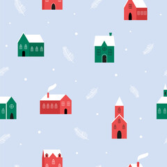 Seamless Winter Village Pattern. Cute Christmas Houses with Snow Roofs on Blue Background