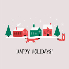 Christmas Greeting Card, Cityscape of Houses with Snow Roofs, Pine Trees and Funny Foxes