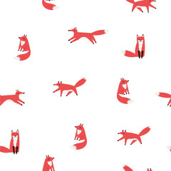 Cute Fox Seamless Pattern. Hand Drawn Forest Animal in Minimal Style on White Background