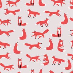 Cute Fox Seamless Pattern. Hand Drawn Forest Animal in Minimal Style on Beige Background