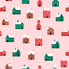 Seamless Winter Village Pattern. Cute Christmas Houses with Snow Roofs on Pink Background