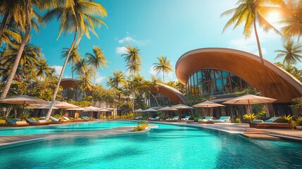 Luxury tropical resorts with curved buildings, pools and palm trees. Summer Vacation. AI generated image