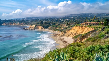 Obraz premium Beautiful coastal scene showcasing a sandy beach and dramatic cliffs