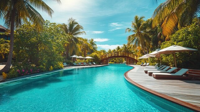 Luxury tropical resorts with curved buildings, pools and palm trees. Summer Vacation. AI generated image