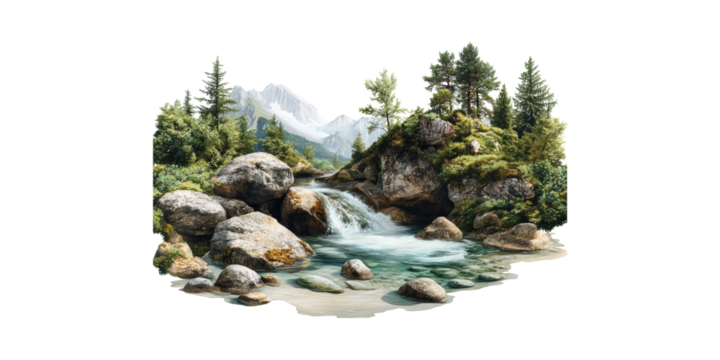 Mountain Stream With Rocks And Trees. Serene Nature Landscape For Relaxation And Inspiration Isolated On Transparent Background