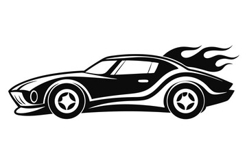 Black and White Graphic of a Racing Car with Flames in Silhouette Style