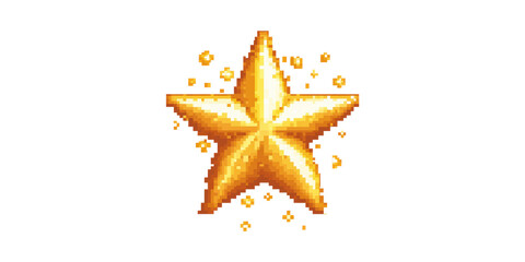 Golden Pixelated Star With Sparkles. Retro Gaming And Achievement Symbol Isolated On Transparent Background