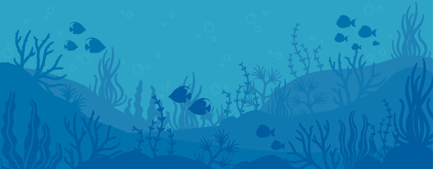 Ocean underwater background. Sea floor scene. Marine blue bottom with fish, plant, algae, reef, coral in depth water. Undersea wildlife silhouette. Vector seascape aquatic backdrop