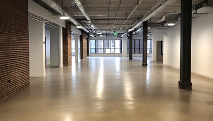Naklejka premium Empty, modern office space with exposed brick and large windows.