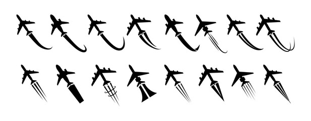 Plane taking off. Airplane flying icons. Departure jetliner upward angle from runway. Commercial aviation symbol for traveling, transportation. Plane flight silhouette. Vector set