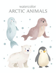Cute adorable arctic animals in watercolor style illustration. Polar antarctica animal vector collection set of penguin, polar bear, seal, walrus for children, book, poster, design