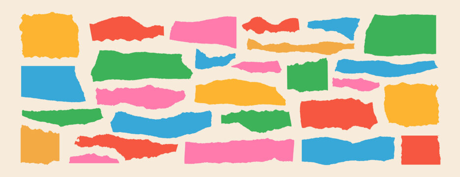 Torn paper banners. Colorful ripped paper frame. Collage craft shape and torned sheets. Ripped edge borders for scrapbook, design layouts. Vector textures silhouettes background