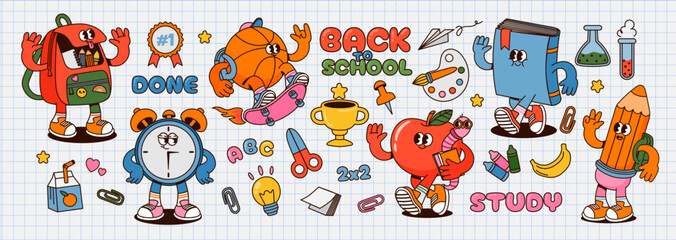 School characters. Retro cartoon education mascot. Funky basketball ball on skate, cute apple, smiling backpack, pencil, book and clock. Kids back to school elements. Vector set