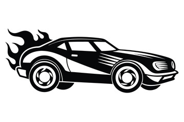 Striking Black and White Illustration of a Classic Car with Bold Flames Design
