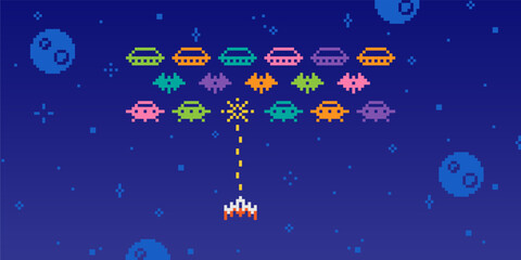 Fototapeta premium Pixel Space Arcade. Retro 8-bit aliens, UFOs, and spaceships. Video game spacing battle scene with cosmic characters, monsters, robots silhouette. Vector 80s computer style elements