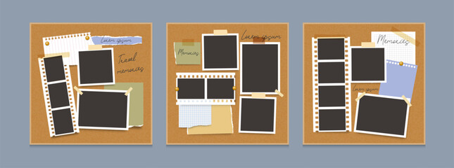 Photo frame. Empty blank frames collage. Picture mood board template. Multiple photo placeholder, notice, paper sheet, tape, text, sticker. Family memories vector concept