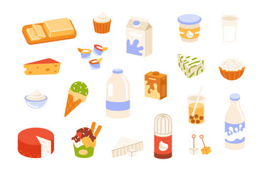 Dairy products. Fresh milk. Natural milk food. Kitchen organic milk bottles, cheese wedges, yogurt cups, cream, butter, ice cream scoops. Farm-fresh, natural ingredients vector set
