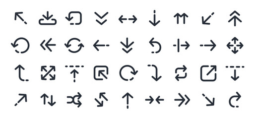 Linear arrow. Line minimalist arrows. Outline elements for UX UI interface, infographics. Arrow icon, direction symbols, Right, left, up, down, circular, rotation arrows. Vector set