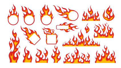 Fire flame frame. Flaming border stickers. Cartoon horizontal campfire elements, fire circle, oval, square frames. Yellow, red burn wildfire silhouette. Hot flammable borders vector set