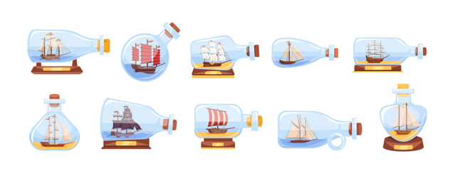 Ship in glass bottle. Nautical hobby miniature sailboat. Model old boat souvenir inside bottles. Maritime decorative collectible vessels. Sailing craft interior decor. Vector collection