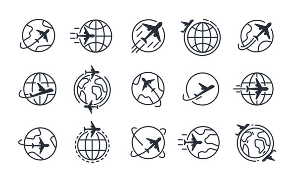Airplane globe travel. Plane circling globe icon. Global air travel, tourism, international logistic, transportation, journey. Flight path around planet. Aviation icons. Vector set