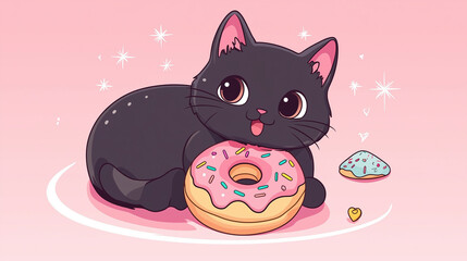 Cute cat with a yummy donut, kawaii kitten isolated on pink background perfect for holiday activities and birthday celebrations.