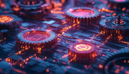 Gears and circuit board in glowing neon light.