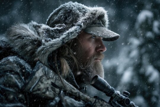 Russian hunter journey: taiga wilderness, silent pursuit, primal instinct, forest silence, rugged terrain, animal track, icy breath, lone figure, rifle grip, deep snow, survival focus, distant howl