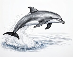Fototapeta premium Charcoal illustration of a dolphin leap out of water