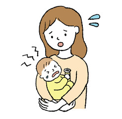 赤ちゃんを抱っこして不安そうな表情の母親のイラスト