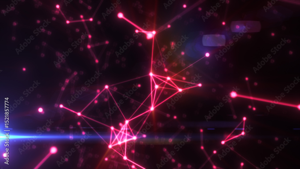 Poster glowing pink digital mesh of interconnected points on dark background with futuristic design element