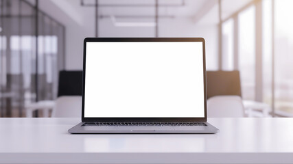 Showcasing Minimal Laptop Screen Mockup on Clean White Table in Modern Office Environment for UI/UX Branding