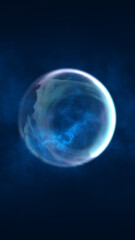Glowing translucent blue sphere floating in deep dark space with ethereal lighting and smoke-like textures around it